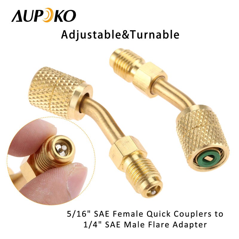 Aupoko R410A Adapter 5/16" SAE Female Quick Couplers to 1/4" SAE Male Flare, 2 PC 45 Degree Angled Charging Vacuum Adapter, Used for R410a with Thimble Mini Split System, HVAC and Refrigeration Service - Image 2